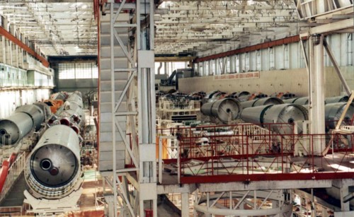 Space rocket research and production centre of the 'tskb-progress' in samara, russia, main rocket asembly workshops.