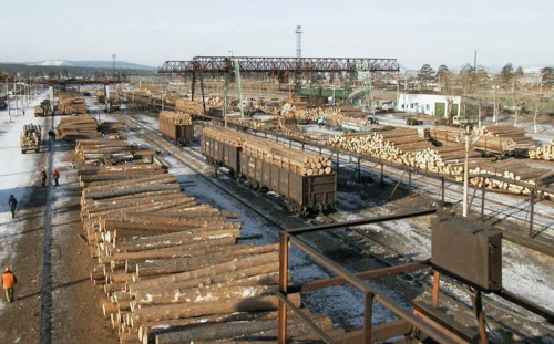 Siberian timber at freight yard 'taltsy' prepared for shipment to china, irkutsk region, russia, february 12 2003, more than a half of siberian timber comes from irkutsk region, about 70% of this timb...