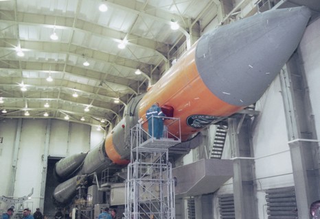Arkhangelsk region, russia, march 31, 2003, a molniya-m space rocket pictured at the assembly and test complex of plesetsk cosmodrome, as preparations for the launch of the rocket have been completed ...