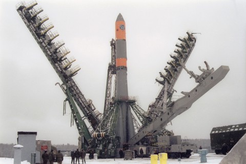 Arkhangelsk region, russia, april 2, 2003, molniya-m booster rocket pictured at a launching pad of the plesetsk cosmodrome shortly to its firing, russian space troops successfully launched the booster...