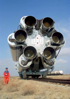 Baikonur, kazakhstan, april 25, 2003, rocket carrier proton-m with the briz-m acceleration unit (in pic) being transported to the launching pad of baikonur cosmodrome, proton, carrying the us ams 9 co...