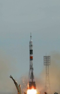 Baikonur, kazakhstan, april 26, 2003, soyuz tma-2 spacecraft with a crew of the russian-u,s, seventh mission of the international space station, blasts off from the cosmodrome baikonur to the iss, sat...