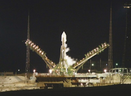 Russia`s soyuz-fg carrier rocket crrying esa's mars express probe on the launching pad, baikonur cosmodrome, kazakhstan, june 3, 2003, european space station mars-express, launched by the russian carr...