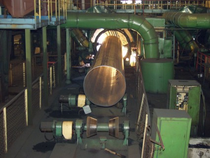 Finishing of a pipe product at the khartsizsk pipe plant, the main buyer of such pipes in russia is the gazprom company, donetsk region, ukraine, august 14 2003.