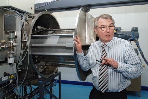 Academician yuri oganesyan, head of the flerov laboratory of nuclear reactions, standing near a track-etched membrane generator, recent research carried out at the flerov laboratory has confirmed the ...