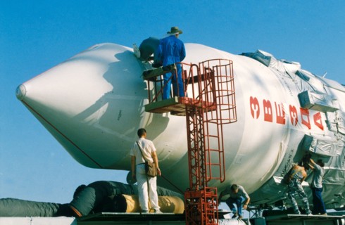 Zvezda service module prior to launch to join international space station, 7/00.