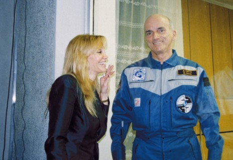 Billionaire space tourist dennis tito saying goodbye to his wife, don abaham just pior to his flight to the international space station, baikonur, kazakhstan, may 2001.