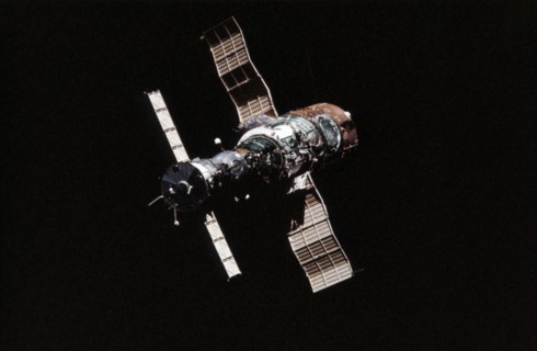 Soyuz t-4 spacecraft docked with the soviet space station salyut 6, the photo was taken from the soyuz 40 spacecraft.