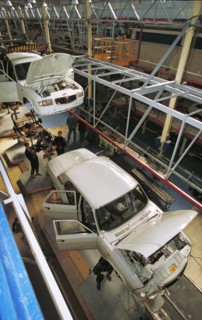 Gaz-3110 volga cars on the assembly line at the gaz (gorky) motor works in nizhny novgorod, russia.
