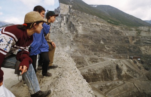 Student hikers watching the mining of apatite at the kirov mine on the kola peninsula in the murmansk region of russia.