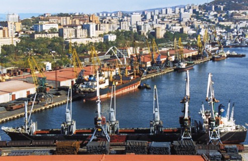 Shipping vessels in the port of vladivostok in russia.