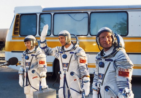 Salyut 7, soyuz t-12, svetlana savitskaya, vladimir dzhanibekov, and igor volk prior to launch,1984.
