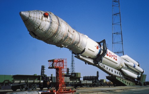 Russian proton rocket carrying an american communications satellite, echo star, being prepared for launch at the baikonur cosmodrome in kazakhstan, may 1998.