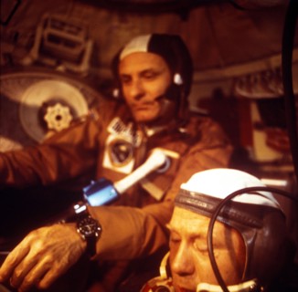 1975, soyuz-apollo mission, head of soyuz crew alexei leonov (right) and apollo leader thomas stafford.