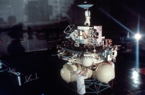Full size replica of the space probe phobos being prepared for the paris air show, june 1987.