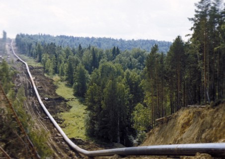 A section of the natural gas pipeline 'yamburg-yelets-1' running through the siberian taiga, 1990s.