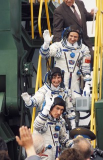 Soyuz tm-12, cosmonauts anatoly artsebarsky, helen sharman (uk), and sergei krikalev prior to launch, 1991.