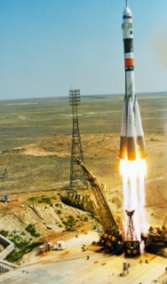 The launch of soyuz tm-15 at the baikonur cosmodrome in kazakhstan, july 27, 1992.