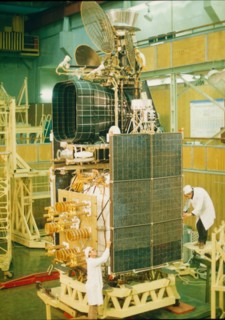 A meteorological satellite in assembly.