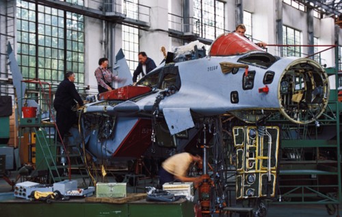 A mig-29 jet fighter plane being built at the moscow aviation association, russia.