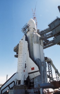 Soviet space shuttle buran with the energia carrier rocket on the launch pad at baikonur in kazakhstan, ussr, 1988.