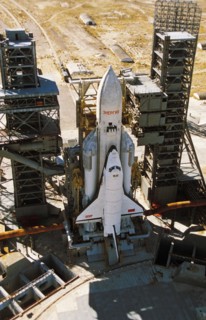 Soviet space shuttle buran with the energia carrier rocket on the launch pad at baikonur in kazakhstan, ussr, 1988.