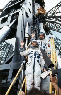 Soyuz 19, apollo-soyuz test project (astp), soviet cosmonauts alexei leonov and valery kubasov leaving for the apollo-soyuz docking mission, baikonur, july 15, 1975.