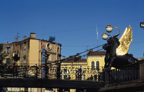 A bridge with griffins over griboyedov canal in st, petersburg, russia, 1990s.