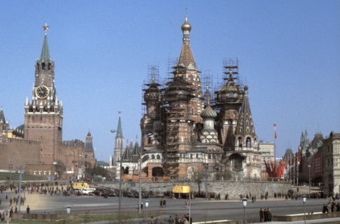 St, basil's cathedral under renovation in red square with the moscow kremlin on the left, 1980s.