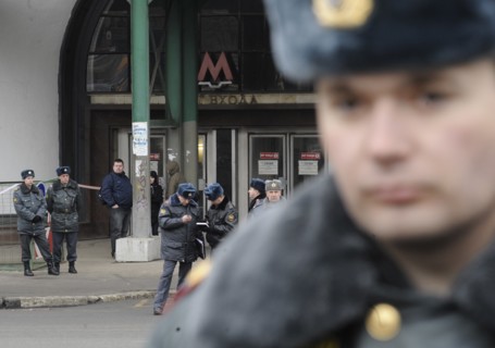 Moscow, russia, march 29, 2010, police officer in lubyanka square, outside lubyanka metro station, sokolnicheskaya line of the moscow underground, an explosion rocked the metro station at 7,52 during ...