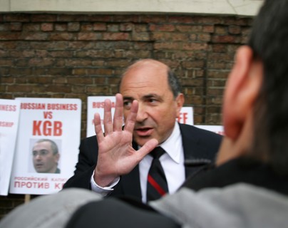London, great britain, businessman boris berezovsky in front of the russian consulate during the rally staged to demand to free mikhail khodorkovsky from jail, on may 26, 2004.