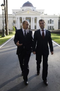 Moscow region, russia, october 1, 2010, president of russia dmitry medvedev (r) and prime minister vladimir putin hold a meeting at gorki residence.