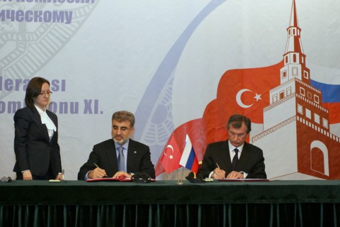 Kazan, russia, march 4, 2011, turkish energy minister taner yildiz and russian vice-prime minister igor sechin (l-r seated) during the signing ceremony at the 11th meeting of the russian-turkish inter...