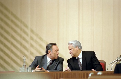 Russia, moscow, president of russia boris yeltsin (r) and president of kazakhstan nursultan nazarbaev are pictured in the presidium of the meeting, january 17, 1992.