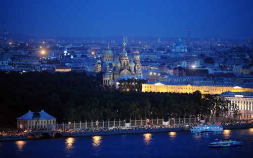 St, petersburg, russia, june 19, 2011, night view of the church of the savior on spilled blood during the 'scarlet sails' festival, an annual celebration of the end of the school year, in st, petersbu...