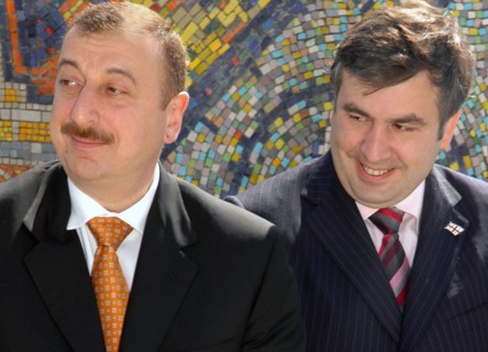 Azerbaijan, may 25, 2005, azerbaijani president ilham aliev (l) and georgian president mikhail saakashvili attend an inauguration ceremony of the azerbaijani section of the baku-tbilisi-ceyhan interna...