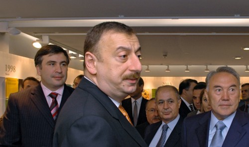 Azerbaijan, may 25, 2005, azerbaijani president ilham aliev (foreground), georgian president mikhail saakashvili, turkish president ahmet necdet sezer and president of the republic of kazakhstan nursu...