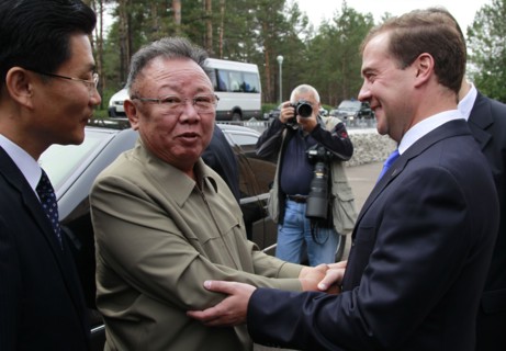 Ulan-ude, russia, august 24, 2011, russia's president dmitry medvedev (r) welcomes kim jong-il (kim jong il), the leader of the democratic people's republic of korea (north korea), the chairman of the...