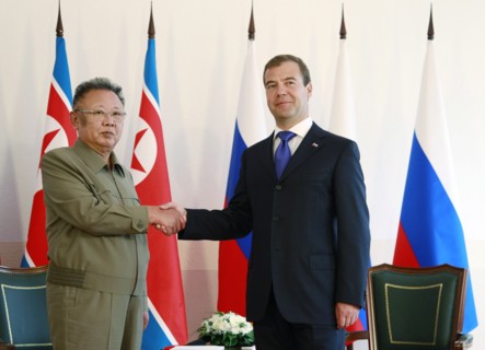 Ulan-ude, russia, august 24, 2011, russia's president dmitry medvedev (r) and kim jong-il (kim jong il), the leader of the democratic people's republic of korea (north korea), the chairman of the nati...