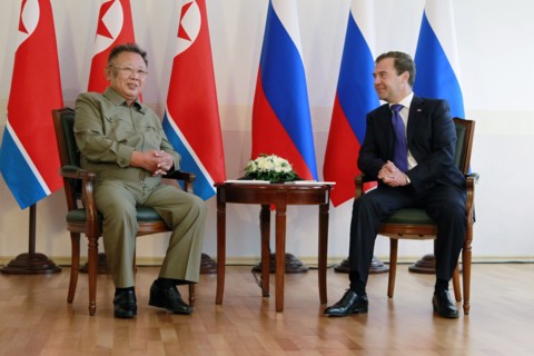Ulan-ude, russia, august 24, 2011, russia's president dmitry medvedev (r) and kim jong-il (kim jong il), the leader of the democratic people's republic of korea (north korea), the chairman of the nati...