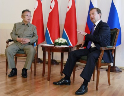 Ulan-ude, russia, august 24, 2011, russia's president dmitry medvedev (r) and kim jong-il (kim jong il), the leader of the democratic people's republic of korea (north korea), the chairman of the nati...