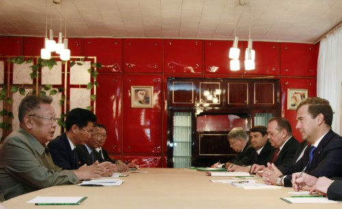Ulan-ude, russia, august 24, 2011, russia's president dmitry medvedev (r) and kim jong-il (kim jong il), the leader of the democratic people's republic of korea (north korea), the chairman of the nati...