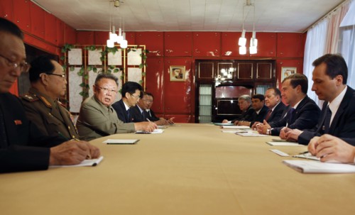 Ulan-ude, russia, august 24, 2011, russia's president dmitry medvedev (2nd r) and kim jong-il (kim jong il), the leader of the democratic people's republic of korea (north korea), the chairman of the ...