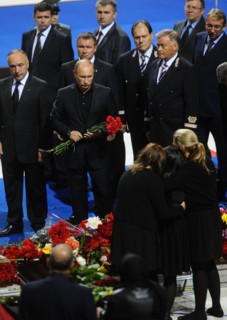 Yaroslavl, russia, september 11, 2011, prime minister vladimir putin (3rd l), rzd russian railways president vladimir yakunin (3rd r) attend farewell ceremony for the lokomotiv ice hockey players kill...