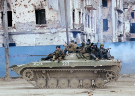 A situation in the capital of chechnya remains rather tense because the separatists continue a 'snaper war' here, picture shows a n armoured vehicle of the federal forces in a street of grozny, on mon...
