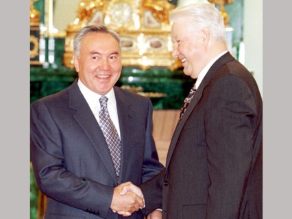 Moscow, russian federation, russian president boris yeltsin receives his visiting kazakh counterpart nursultan nazarbayev