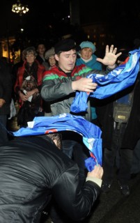 Moscow, russia, october 12, 2011, demonstrators attend an authorised day of wrath protest in triumfalnaya square.