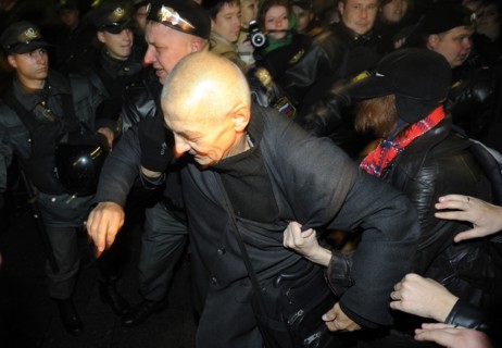 Moscow, russia, october 12, 2011, left front movement’s coordinator konstantin kosyakin being detained as demonstrators tried to break a police cordon during an authorised day of wrath protest in triu...