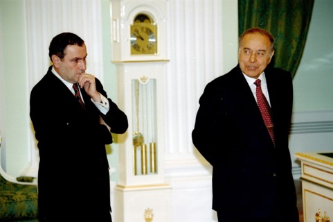 Picture is taken on may 17 before the sitting of the council of the cis countries - president of azerbaijan geidar aliyev /right/ and president of armenia levon ter-petrosyan : 'what is in store for u...