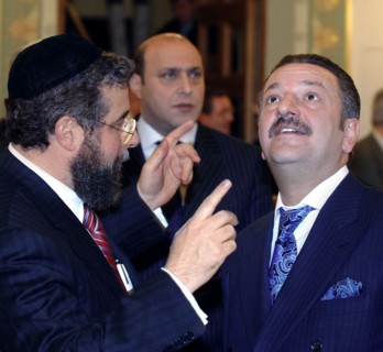 Moscow, russia moscow chief rabbi pinchas goldschmidt (l) and president of the ast group of companies telman ismailov are pictured during the reception that is held in the run-up to the 100th annivers...